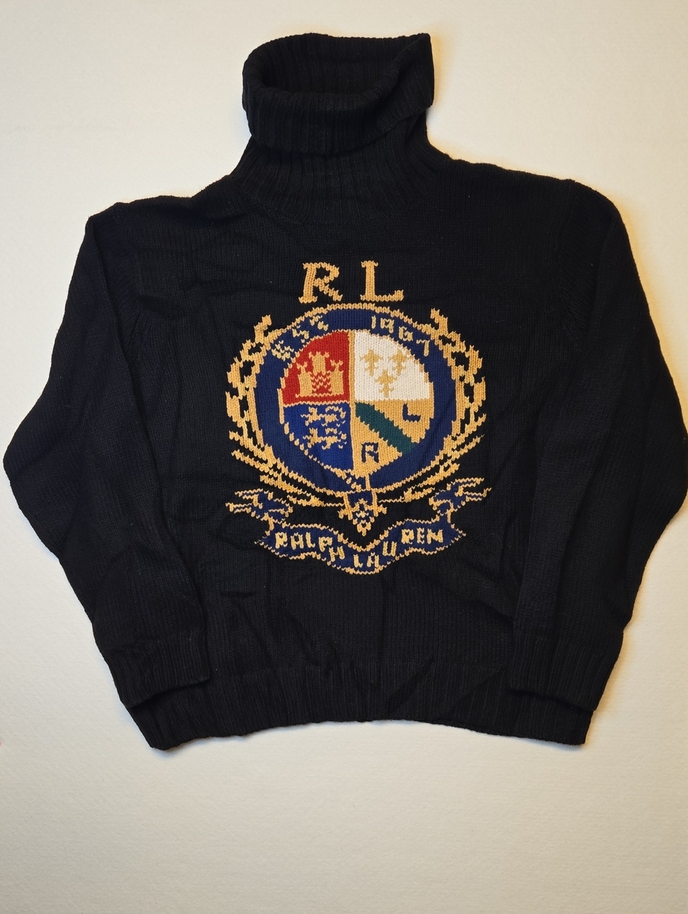 Ralph Lauren Polo Black Wool Knit Turtleneck Sweater with Crest Spellout Logo